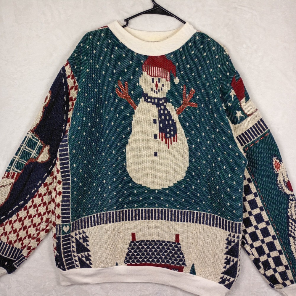 Sugar Street Weavers Sweater Womens OS Multi Snowman Teddy Bear 90s Vintage Cozy